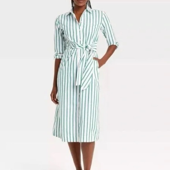 SALE Universal Thread Cotton Striped Buttoned Shirt Midi Dress Small White Green - Picture 9 of 9